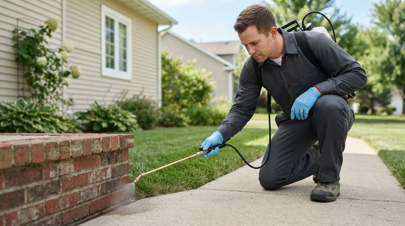 Pest control technician treating a home near Richland, IA