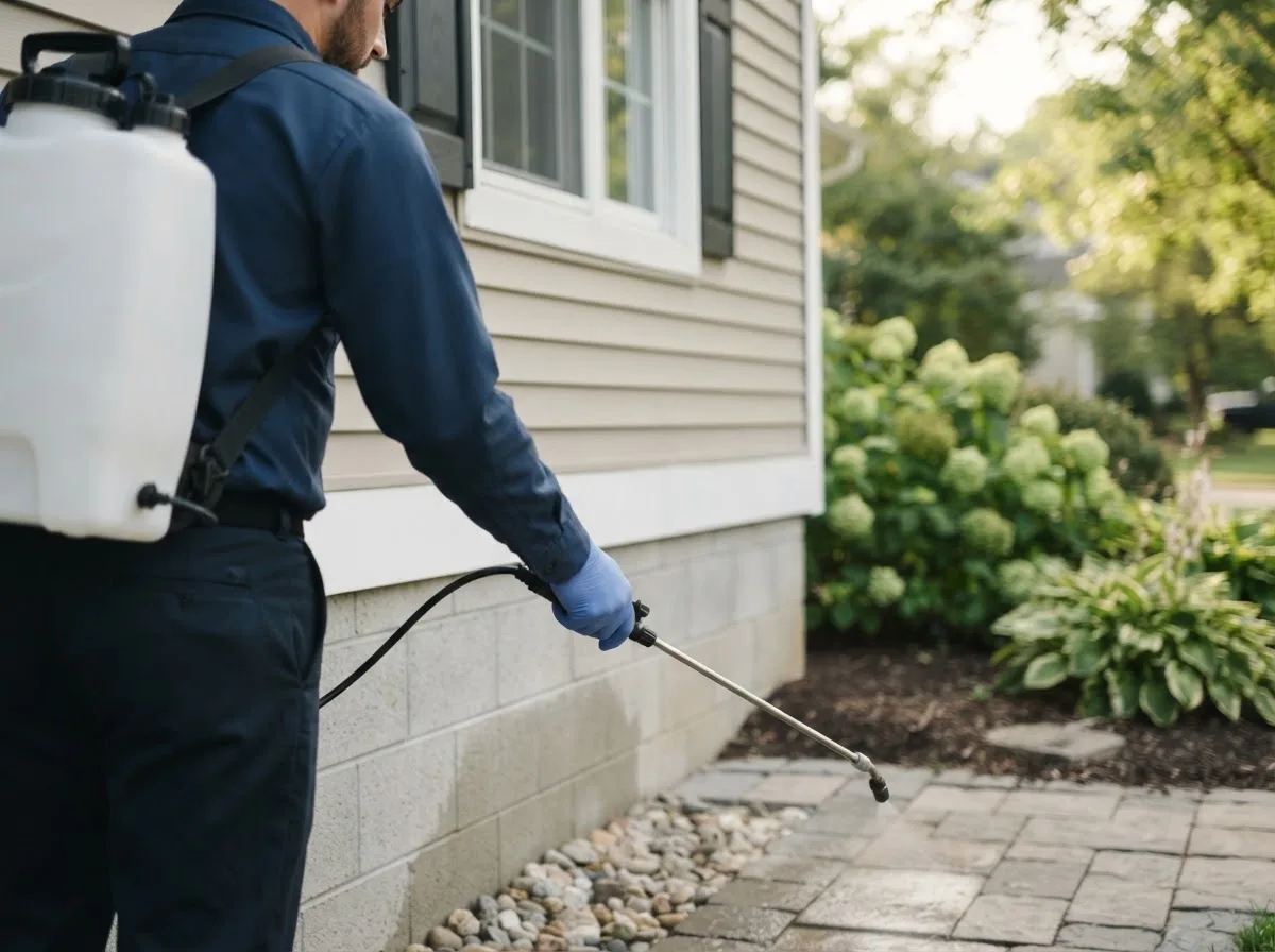 Pest control technician inspecting a home in Richland, IA